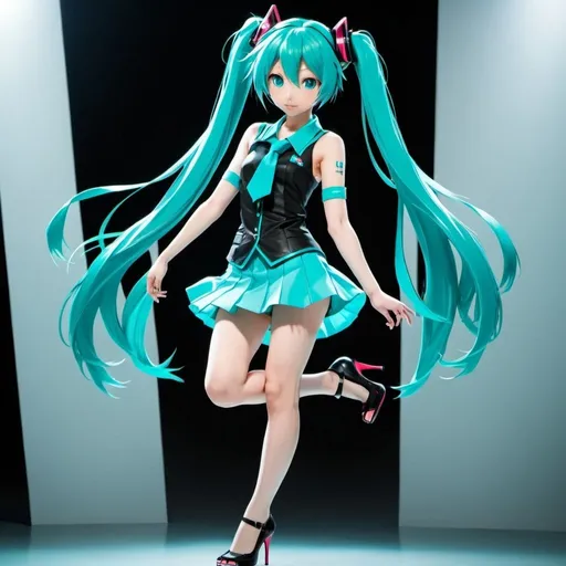 Prompt: Hatsune miku with short skirt and open high heels