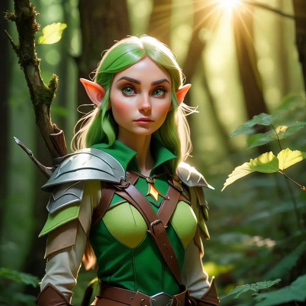 Prompt: Elf ranger in a mystical forest around sunlight