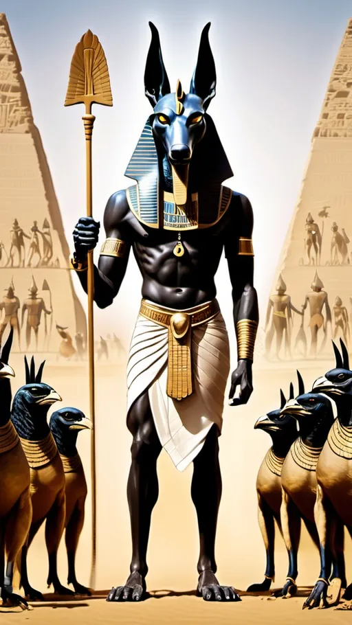 Prompt: Image of Anubis,Egyptian God's with the head of a chicken wearing Egyptian ancient clothes walking with his armies also in dog head and human bodies behind him