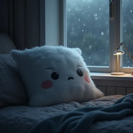 Prompt: 
2. Sad Mood:

    Character Design:
        The pillow appears slightly deflated or slouched, with a subtle frown stitched into its fabric. Its color is muted, like soft gray or faded blue, reflecting a sense of melancholy.
        The fluffy texture is still present but less pronounced, as if the pillow feels a bit heavy and burdened by sadness.

    Scene Design:
        Setting: The pillow rests in a quiet, dimly lit room, perhaps by a window with rain gently falling outside. The room has soft, muted lighting that creates a reflective, somber atmosphere.
        Ambiance: A few raindrops tap against the windowpane, creating a gentle rhythm in the silence. The room feels cozy but lonely, with a soft, distant glow from a single lamp.
        Luxurious Touch: The pillow’s fabric looks plush, even in sadness, made from high-end materials like cashmere or soft wool. The setting feels quiet and luxurious, with minimal décor—perhaps a soft, velvet throw blanket draped across a nearby chair, adding a touch of elegance to the somber scene.

