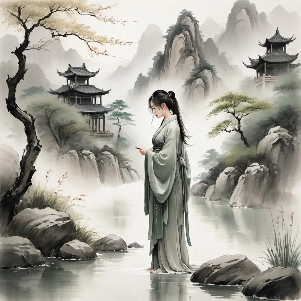 Prompt: Experience an ancient Chinese ink painting of the mountains of China, with a stream, mist, morning sun and a beautiful girl. 