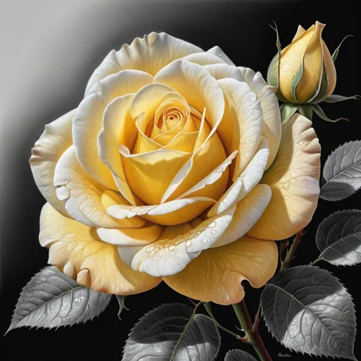 Prompt: (ultrarealistic pencil drawing), yellow rose flowers, colors: black, gray, white, intricate details, dynamic environment, dramatic shadows and highlights, emphasizing a thrilling atmosphere, detailed, outstanding craftsmanship, artistic composition for dynamic visual impact, high-quality illustration.