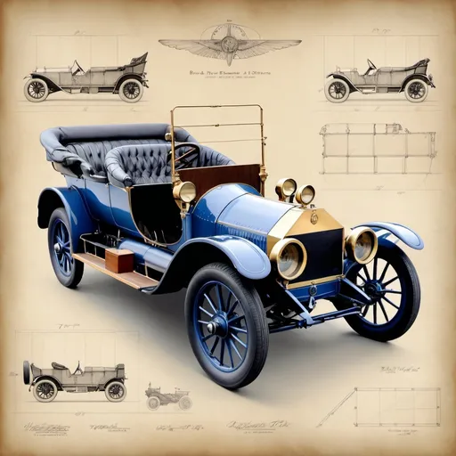 Prompt: A 1915 Brewster shown in a DaVinci style technical drawing on a parchment paper background, 8K resolution, studio portrait, detailed.