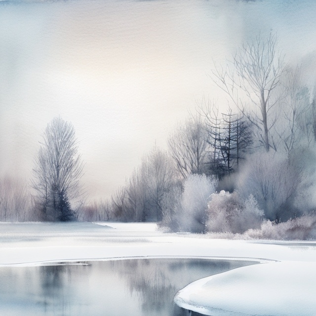 Prompt: "Step into a world of minimalism and tranquility with a stunning ink and watercolor rendering. Let the subtle variations and stylistic touches transport you to a winter scene, where time stands still and beauty reigns supreme."