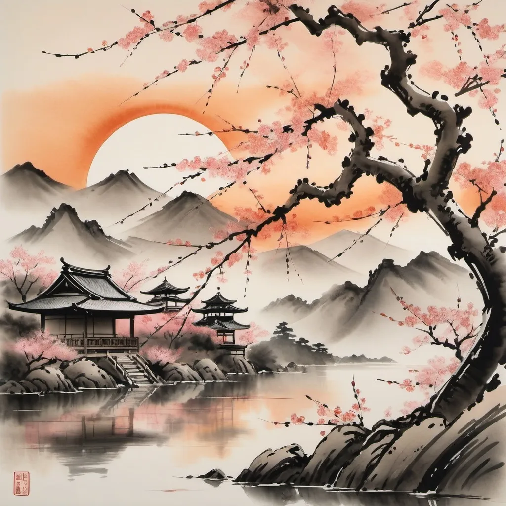 Prompt: "Experience the beauty of an antique original sumi-e as Japan is treated to a breathtaking sunset. Let the romantic atmosphere of Japan's past envelop you as you admire the delicate strokes of the artist's brush, capturing the essence of the weeping cherry blossom tree in stunning detail."