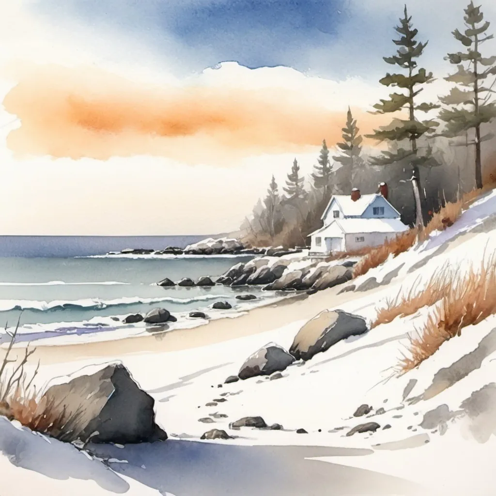 Prompt: Using four colors create a rough sketch watercolor winter coastal scene.