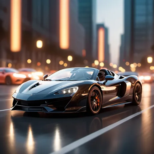 Prompt: "Experience the adrenaline rush of a supercar as a professional driver. Watch as the bokeh effect adds a cinematic touch to the ultrarealistic 8K action photo, with side lighting that brings the scene to life."