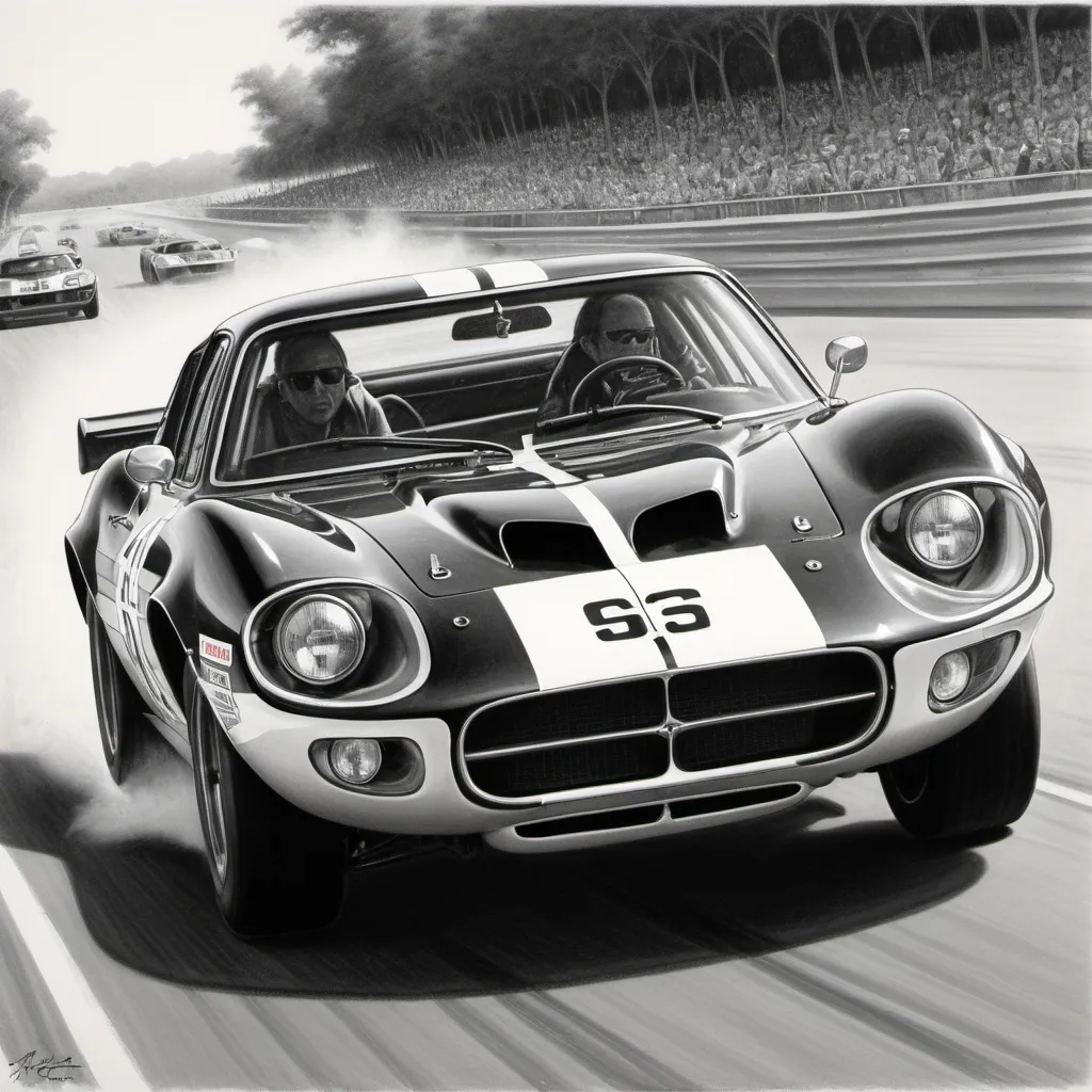 Prompt: (ultrarealistic pencil drawing), 1969 SCCA Race, colors: black, gray, white, intricate details, dynamic movement, high-speed action, racing environment, dramatic shadows and highlights, emphasizing a thrilling atmosphere, detailed car designs, outstanding craftsmanship, artistic composition for dynamic visual impact, high-quality illustration.