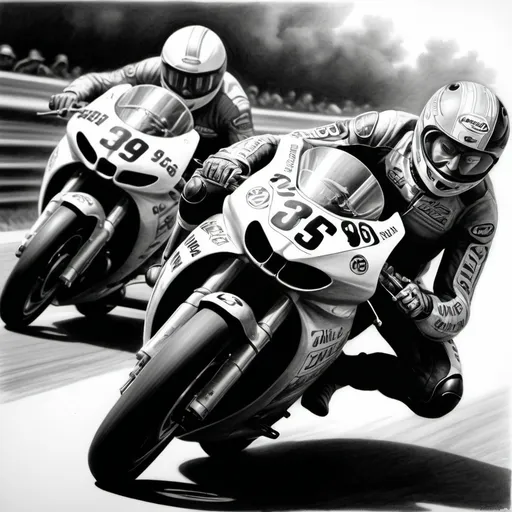 Prompt: (ultrarealistic pencil drawing), 1969 Superbike Race, colors: black, gray, white, intricate details, dynamic movement, high-speed action, racing environment, dramatic shadows and highlights, emphasizing a thrilling atmosphere, detailed car designs, outstanding craftsmanship, artistic composition for dynamic visual impact, high-quality illustration.