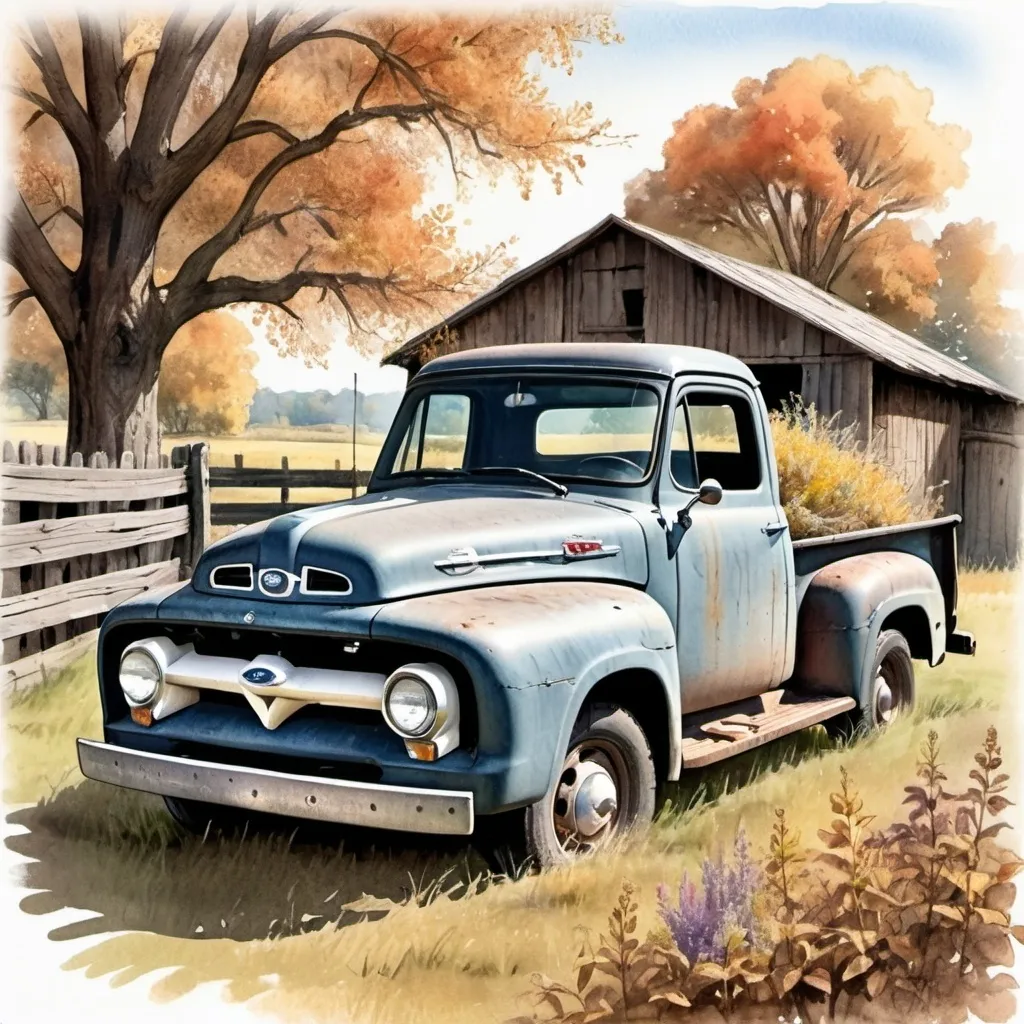 Prompt: (rustic watercolor sketch and drawing), A pastoral scene of an old broken down 1955 Ford pickup truck, rough barn, oak tree, and rough fence, autumn scene with wildflowers, muted colors, intricate details, dramatic shadows and highlights, emphasizing a muted atmosphere, detailed, outstanding craftsmanship, artistic composition for visual impact, high-quality illustration