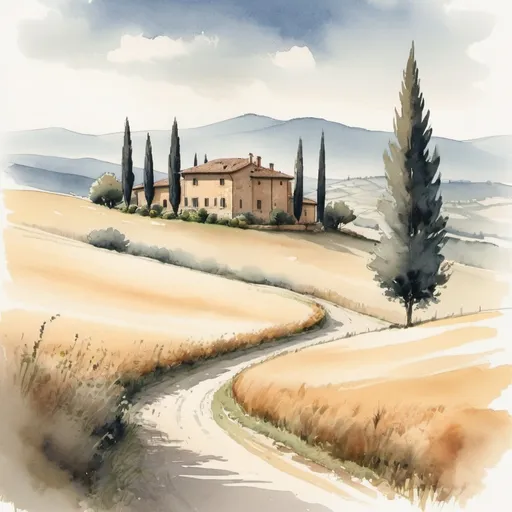 Prompt: "Step into a world of minimalism and tranquility with a stunning ink and watercolor rendering. Let the subtle variations and stylistic touches transport you to a Tuscan scene, where time stands still and beauty reigns supreme."