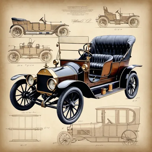 Prompt: A 1910 Chadwick Six Model 19 shown in a DaVinci style technical drawing on a parchment paper background, 8K resolution, studio portrait, detailed.