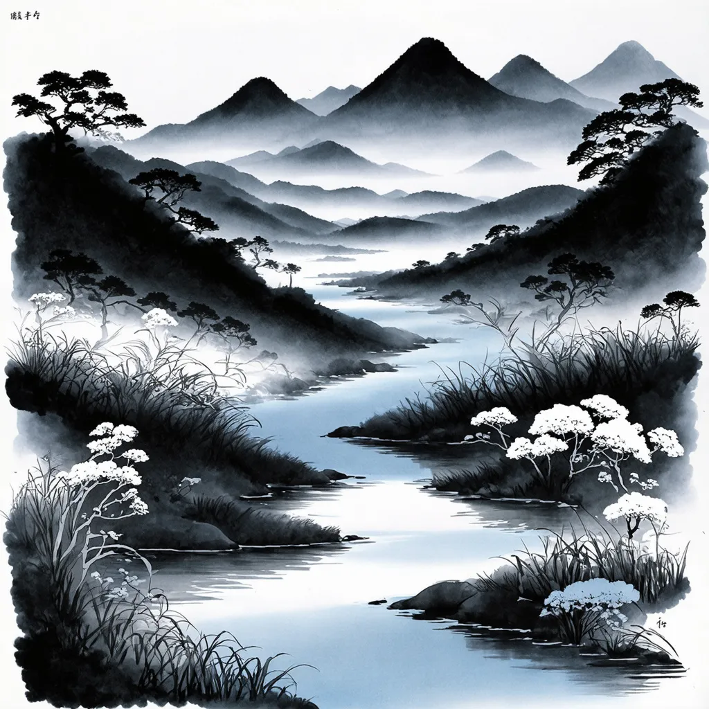 Prompt: Experience an ancient Japanese ink painting of the mountains of Japan, with a stream, mist, and evening sun. 