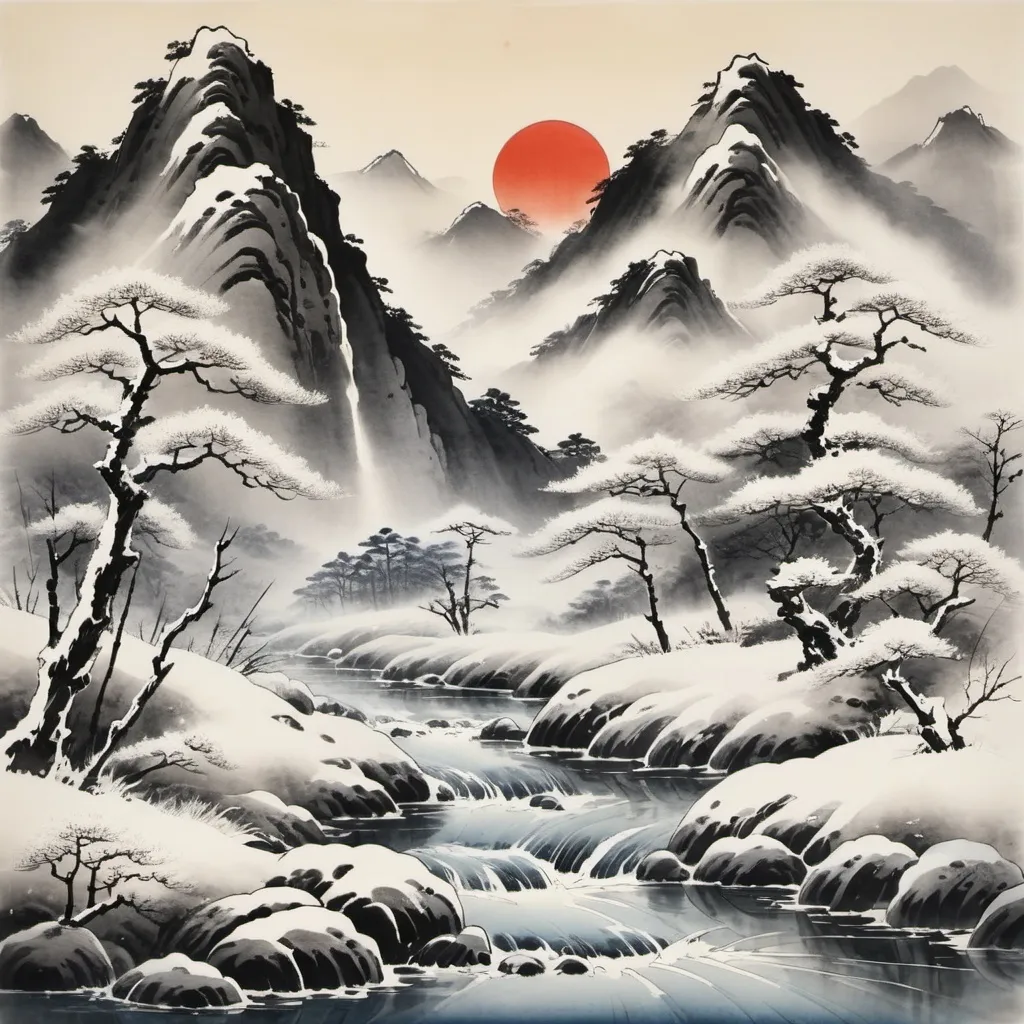 Prompt: Experience an ancient Japanese ink painting of the winter mountains of Japan, with a stream, mist, and morning sun. 