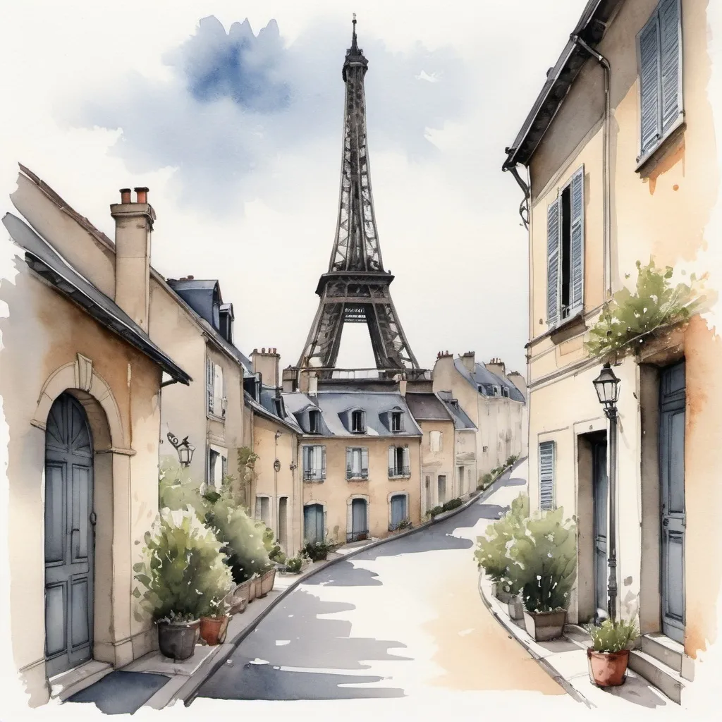 Prompt: "Step into a world of minimalism and tranquility with a stunning ink and watercolor rendering. Let the subtle variations and stylistic touches transport you to a French scene, where time stands still and beauty reigns supreme."