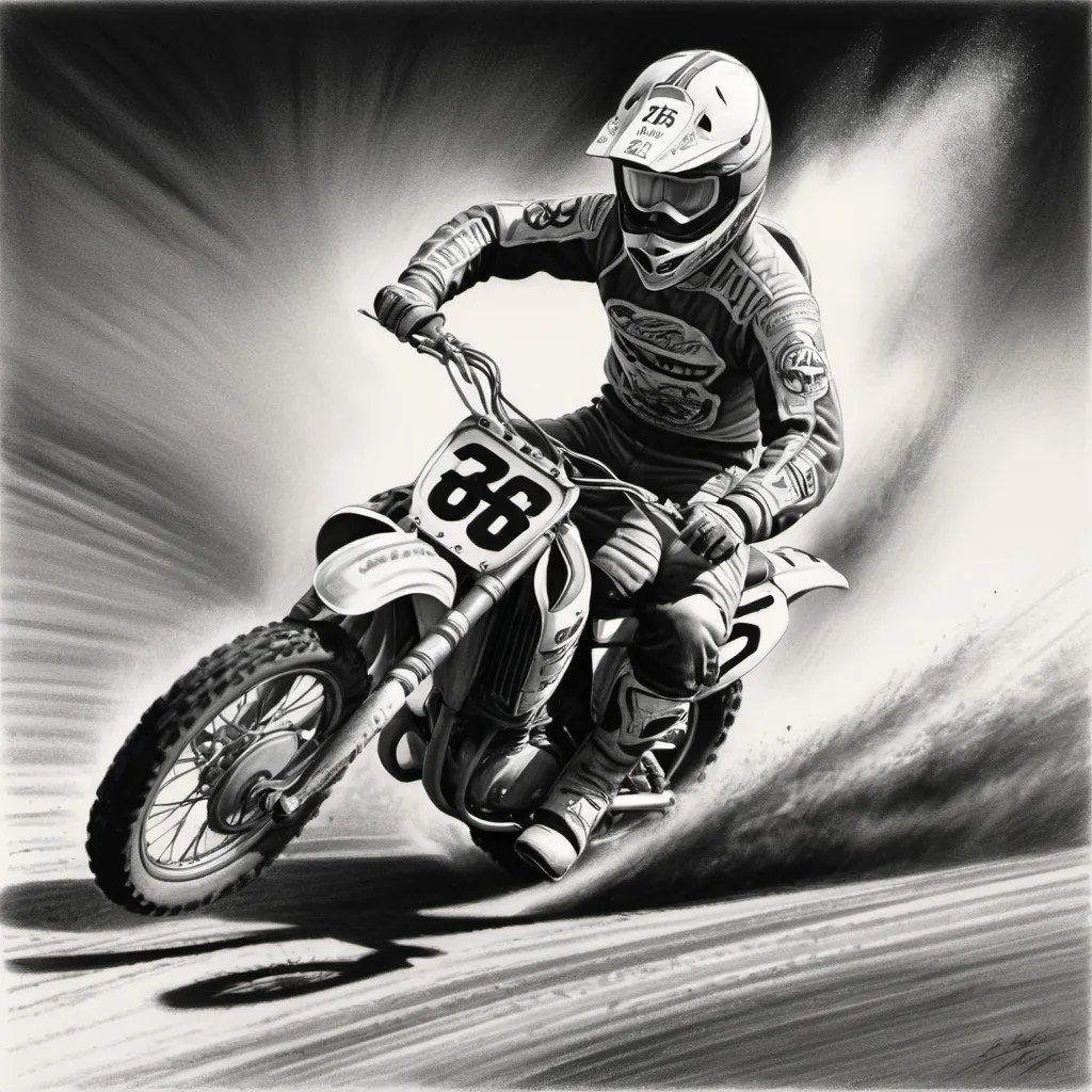 Prompt: (ultrarealistic pencil drawing), 1969 Motocross Race, colors: black, gray, white, intricate details, dynamic movement, high-speed action, racing environment, dramatic shadows and highlights, emphasizing a thrilling atmosphere, detailed car designs, outstanding craftsmanship, artistic composition for dynamic visual impact, high-quality illustration.