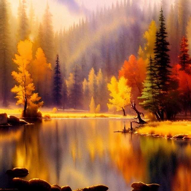 Prompt: (stunning Bierstadt style watercolor rendering), minimalist tranquility, serene western autumn scene, subtle variations in color and detail, whispering leaves, hues of the season, peaceful ambiance, soft lighting, captivating, ethereal mood, high quality 8K, artwork that evokes stillness and beauty.