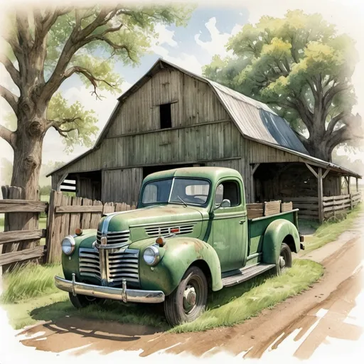 Prompt: (rustic watercolor sketch and drawing), A pastoral scene of an old 1940 green pickup truck, rough barn, oak tree, and rough fence, muted colors, intricate details, dramatic shadows and highlights, emphasizing a muted atmosphere, detailed car designs, outstanding craftsmanship, artistic composition for visual impact, high-quality illustration