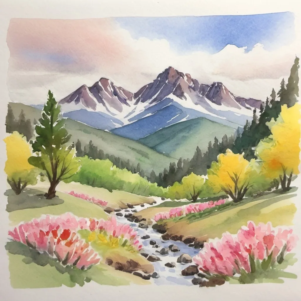 Prompt: Using four colors create a rough sketch watercolor spring mountain scene.