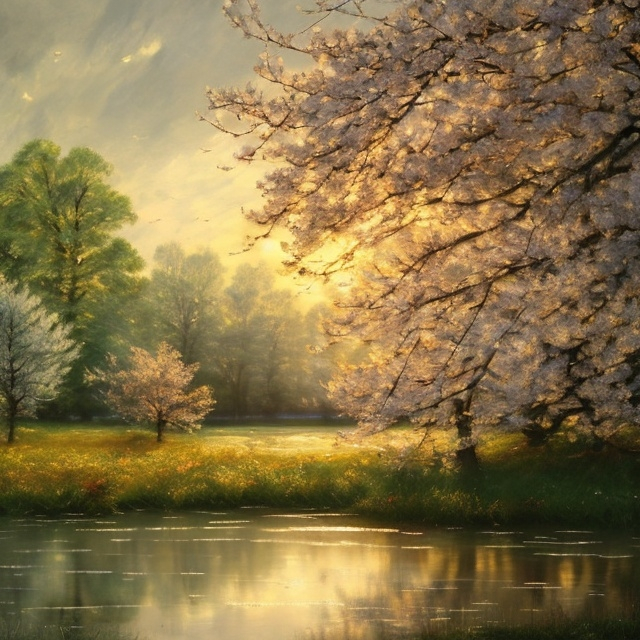 Prompt: (stunning Constable style rendering), minimalist tranquility, spring scene, subtle variations in color and detail, whispering leaves, hues of the season, peaceful ambiance, soft lighting, captivating, ethereal mood, high quality 8K, artwork that evokes romance and beauty.