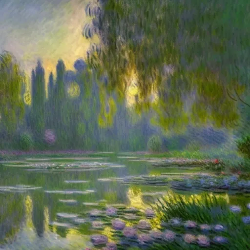 Prompt: (stunning Monet style rendering), minimalist tranquility, spring scene, subtle variations in color and detail, whispering leaves, hues of the season, peaceful ambiance, soft lighting, captivating, ethereal mood, high quality 8K, artwork that evokes romance and beauty.