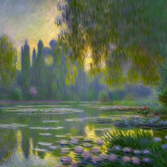 Prompt: (stunning Monet style rendering), minimalist tranquility, spring scene, subtle variations in color and detail, whispering leaves, hues of the season, peaceful ambiance, soft lighting, captivating, ethereal mood, high quality 8K, artwork that evokes romance and beauty.