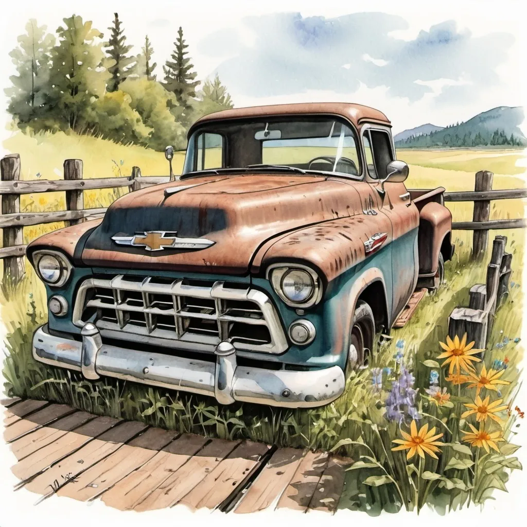 Prompt: a 1956 Chevrolet pickup sits rusting in a field full of high weeds and wildflowers behind a wooden rail fence in a rustic ink and watercolor drawing.