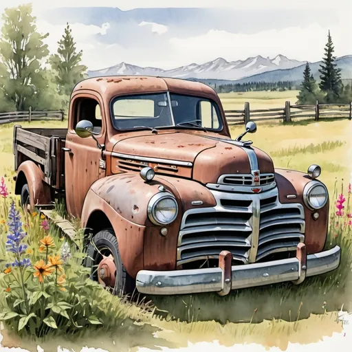 Prompt: a 1948 Dodge pickup sits rusting in a field full of high weeds and wildflowers behind a wooden rail fence in a rustic ink and watercolor drawing.