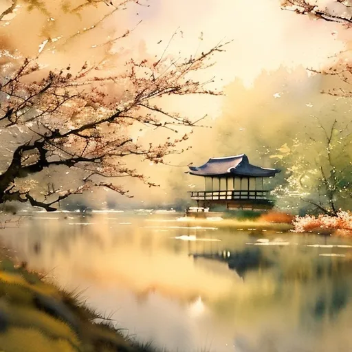 Prompt: (stunning Constable style watercolor rendering), minimalist tranquility, serene Japanese spring scene, subtle variations in color and detail, whispering leaves, golden hues of fall, peaceful ambiance, soft lighting, captivating reflections, ethereal mood, high quality 4K, artwork that evokes stillness and beauty.