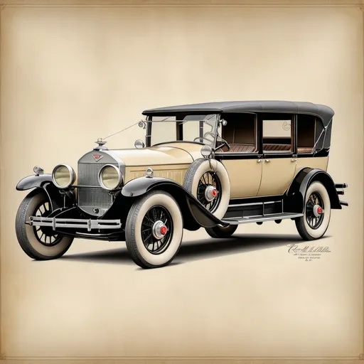 Prompt: A 1925 Cadillac Series 314-7 shown in a DaVinci style technical drawing on a parchment paper background, 8K resolution, studio portrait, detailed.