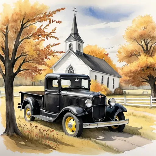 Prompt: (rustic ink and watercolor sketch and drawing), A pastoral scene of a gloss black 1932 Chevy pickup truck, country church with steeple, and a yellow maple tree, autumn scene with wildflowers, muted colors, intricate details, dramatic shadows and highlights, emphasizing a muted atmosphere, detailed, outstanding craftsmanship, artistic composition for visual impact, high-quality illustration