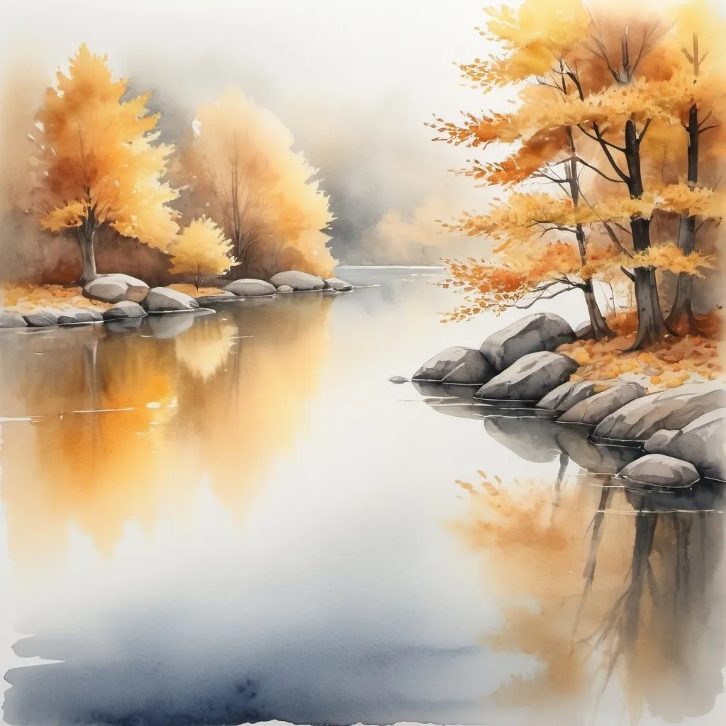 Prompt: "Step into a world of minimalism and tranquility with a stunning ink and watercolor rendering. Let the subtle variations and stylistic touches transport you to an autumn scene, where time stands still and beauty reigns supreme."