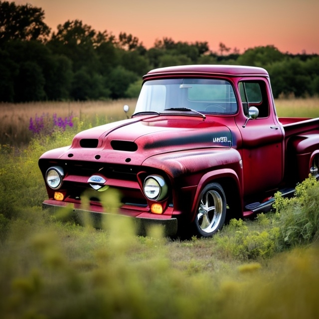 Prompt: a 1956 Ford pickup sits rusting in a field full of high weeds and wildflowers behind a wooden rail fence in an 8K side lighted photo, ultrarealistic.