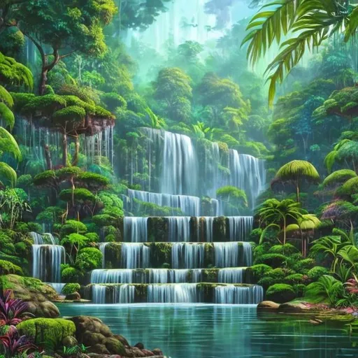 Prompt: Beautiful waterfall surrounded by lush green plantation, cascading water, vibrant foliage, high quality, realistic painting, serene atmosphere, soft natural lighting, detailed foliage, tranquil setting, scenic landscape, water droplets, immersive, calming colors, professional painting, peaceful and serene