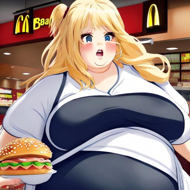 A fat blonde anime girl is playing with her massive... | OpenArt