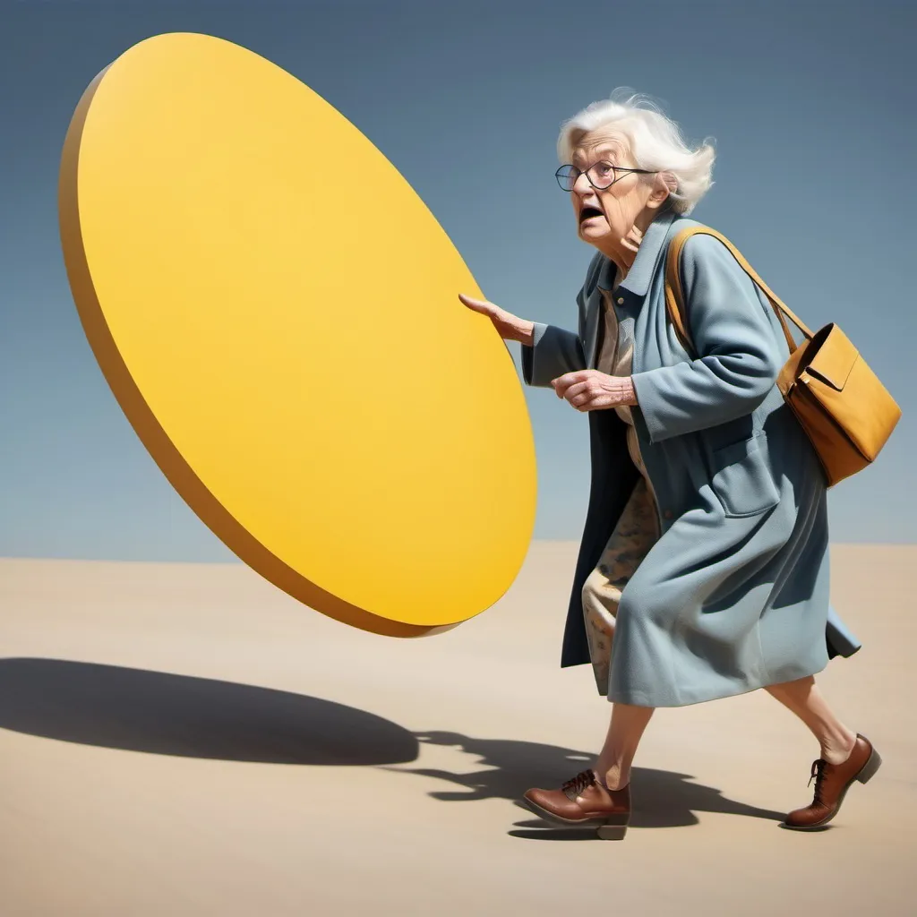 Prompt: Giant yellow oval 

lozenge
 chasing old woman

