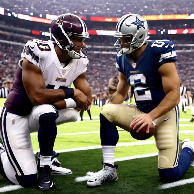 Prompt: kirk cousins on his knees in front of dak prescott