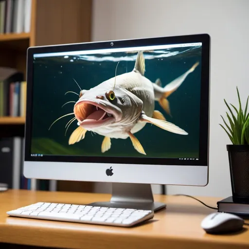 Prompt: catfish coming out of computer monitor