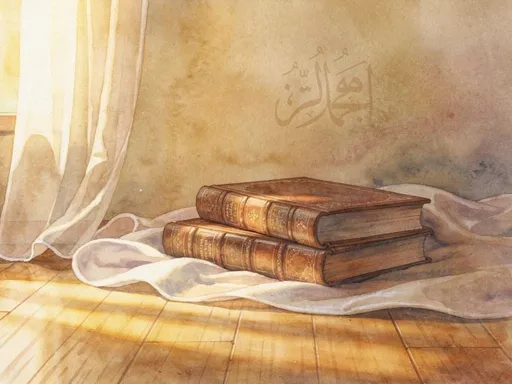 Prompt: “Soft page turns, gentle fabric movement, distant Qur’anic-style echo ambience (no recitation), and warm room tone.”