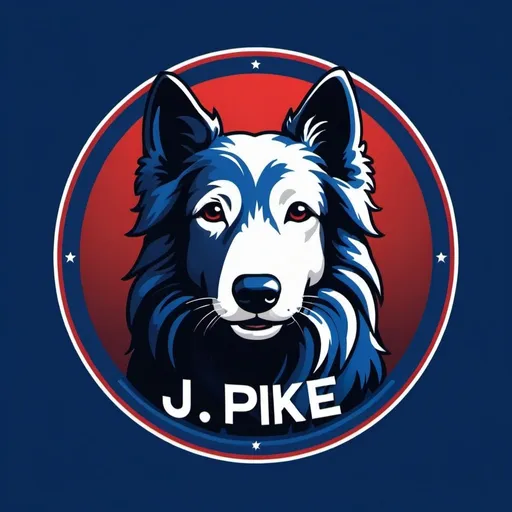 Prompt: Create a sleek but gritty logo of a sheepdog with the words j.pike and rebound rp in a circle around the dogs head with blue and red background like police lights