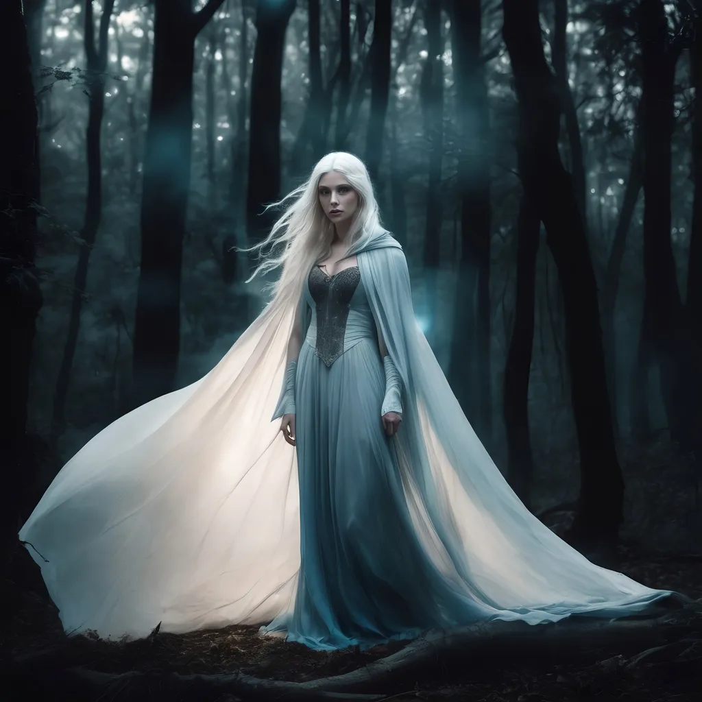 Prompt: Beautiful witch with long white hair and light blue eyes, flowing dress and cape, hood, standing in a dark forest, magical atmosphere, windy, enchanting, high quality, fantasy, detailed hair, ethereal lighting, mystical