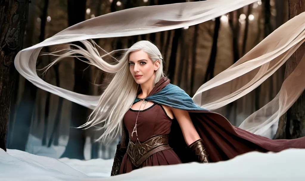 Prompt: Beautiful witch with long white hair and light blue eyes, flowing dress and cape, hood, standing in a dark forest, magical atmosphere, windy, enchanting, high quality, fantasy, detailed hair, ethereal lighting, mystical