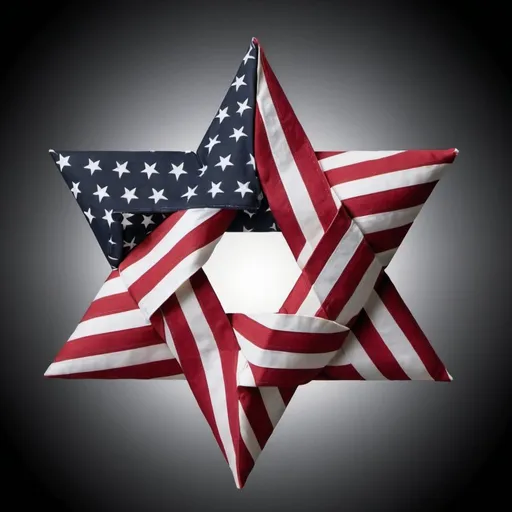 Prompt: an american flag folded in the shape of a jewish star on a solid black background