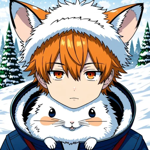 Prompt: anime, human boy
 , detailed,   hair, sli
, snow fox, hamster like 
very detailed