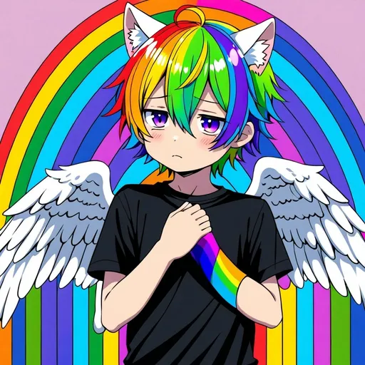 Prompt: anime, human boy
 , detailed, rainbow
 hair, shy, cat ears, angel like 
very detailed