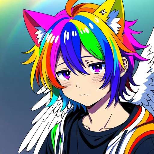 Prompt: anime, human boy
 , detailed, rainbow
 hair, shy, cat ears, angel like 
very detailed