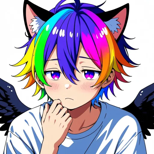 Prompt: anime, human boy
 , detailed, rainbow
 hair, shy, cat ears, angel like 
very detailed