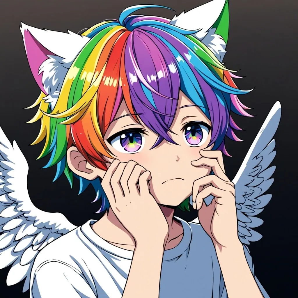 Prompt: anime, human boy
 , detailed, rainbow
 hair, shy, cat ears, angel like 
very detailed