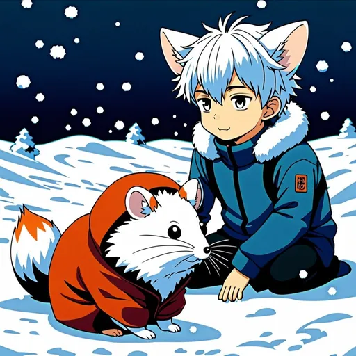 Prompt: anime, human boy
 , detailed,   hair, sli
, snow fox, hamster like 
very detailed