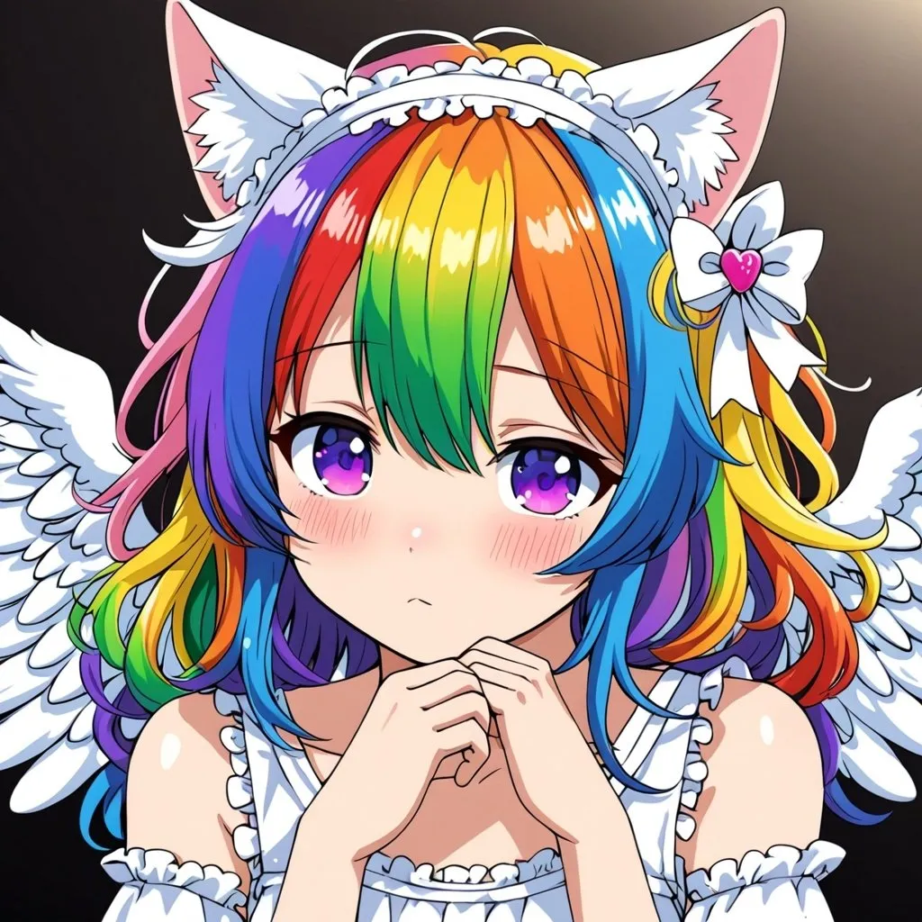 Prompt: anime, human , detailed, rainbow
 hair, shy, cat ears, angel like 
very detailed